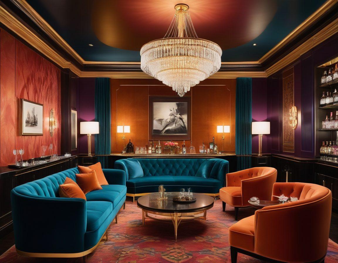An opulent, high-end club interior with lavish chandeliers, plush velvet seating, and an elegant bar stocked with premium liquors. Well-dressed members enjoying sophisticated conversations and luxurious surroundings, creating an aura of exclusivity and luxury. Art-deco elements blending with contemporary design. super-realistic. vibrant colors.