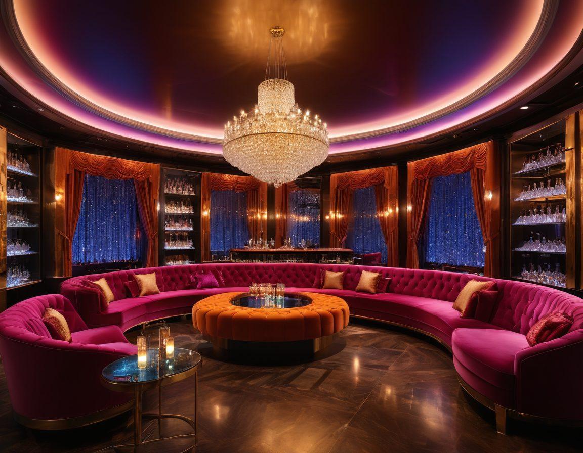 A lavish and upscale nightclub interior featuring opulent chandeliers, plush seating, a vibrant dance floor filled with energetic people dancing under dynamic colored lights, and a premium bar with an array of exquisite cocktails. The ambiance is modern and swanky with a hint of exclusivity. super-realistic. vibrant colors.