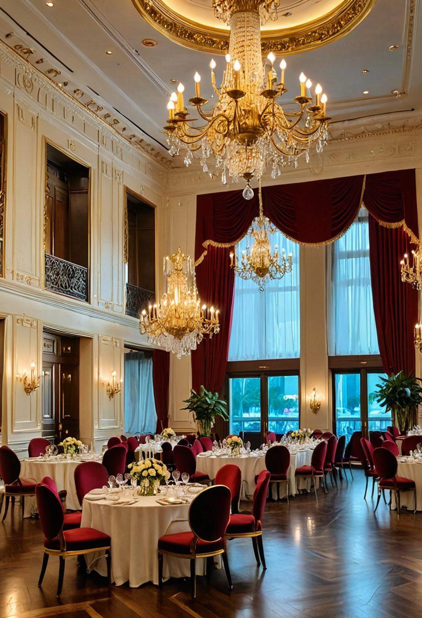 A grand, opulent ballroom filled with elegantly dressed people engaging in animated conversations; a golden chandelier hanging from the ceiling, reflecting the luxury; an exquisite spread of gourmet food and champagne; a red velvet rope hinting exclusivity at the entrance. super-realistic. vibrant colors. white background.
